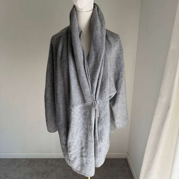 Eileen Fisher 100% Cashmere Shawl Collar Tie Wrap Cardigan Large Gray Japandi